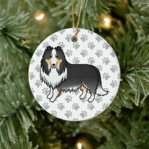 Dreifarbiger Rough Collie Süßer Cartoon-Hund & Pfo Keramik Ornament