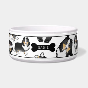 Dreifarbiges Cartoon-Sheltie-Hunde-Muster & Name Napf