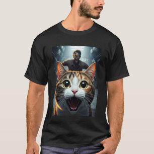Dreifarbiges Katze Selfie mit Zombie Lustiger Tier T-Shirt