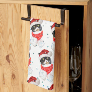 Dreifarbiges Katzen-Weihnachts-Wasserfarbenbild mi Geschirrtuch