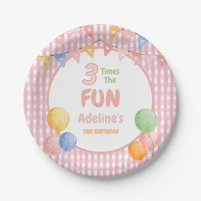 Dreimal Spaß Pinker Geburtstag  Pappteller (Vorderseite)
