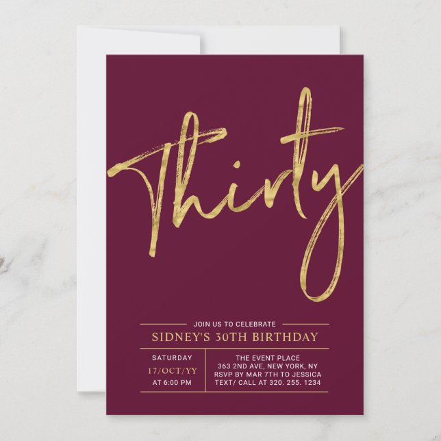 dreißig | Gold & Burgund 30. Geburtstag Party Einladung (Vorderseite)