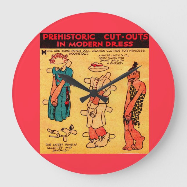 Dreißigerjahre Comicstreifenpapier-Puppe Große Wanduhr (Vorderseite)