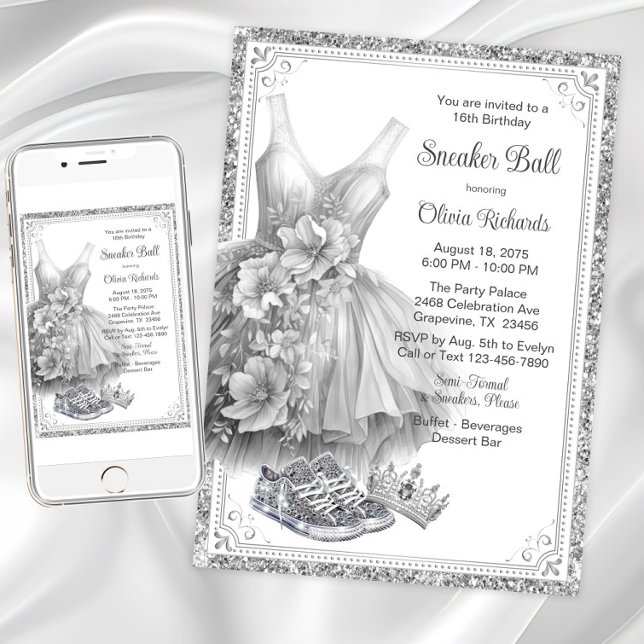Dress Bling Sneaker Ball Geburtstagsparty Einladung (Girl beautiful sneaker ball invitation. Instant download and printed invitations available.)