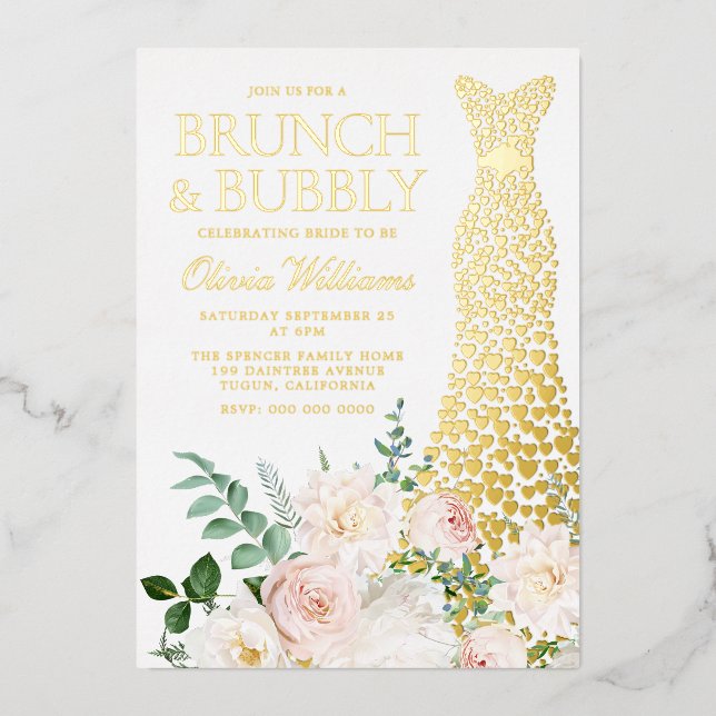 Dress & Blume Brunch & Bubbly Brautparty Gold Folieneinladung (Vorderseite)