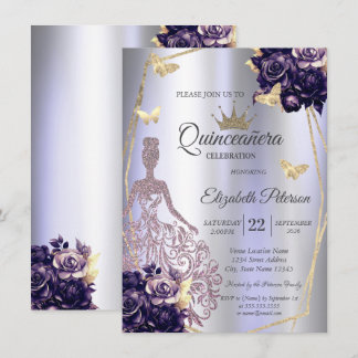 Dress,Butterfly Violet Roses Lavender Quinceañera Einladung