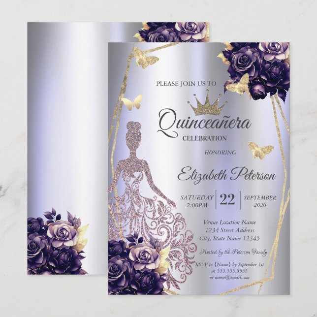 Dress,Butterfly Violet Roses Lavender Quinceañera Einladung (Vorne/Hinten)