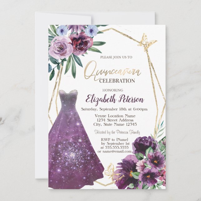 Dress Girl,Violet Flowers Butterfly  Quinceanera Einladung (Vorderseite)