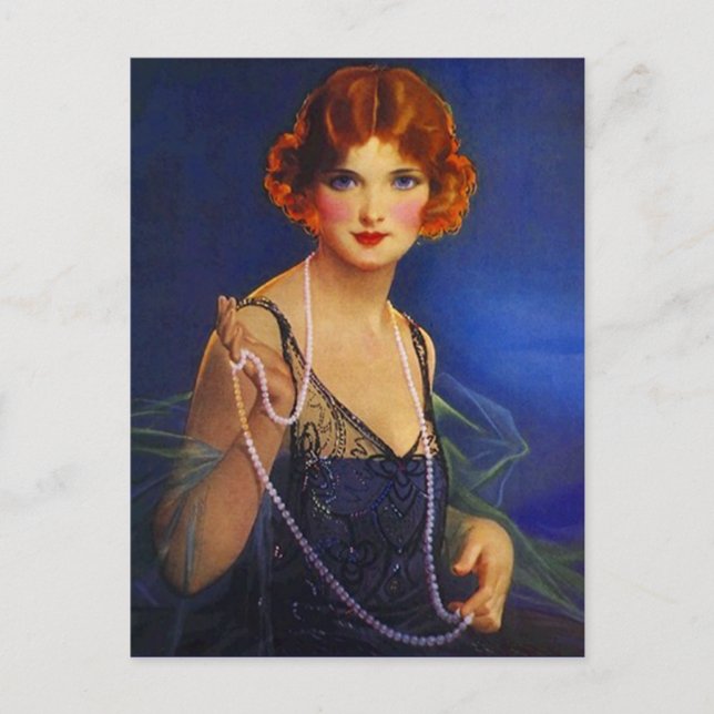 Dress Midnight Blue Flapper Girl & Pearls Postkart Postkarte (Vorderseite)