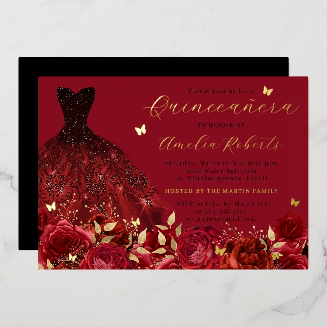 Dress Red Gold Butterfly Floral Folieneinladung (Vorderseite/Rückseite)