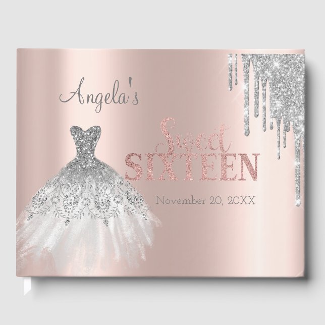 Dress Silver Glitzer Tropfen Rose Gold Sweet 16 Gästebuch (Vorderseite)