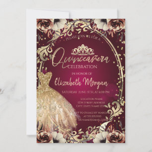 Dress Tiara, Rahmen Blume Burgundy Quinceañera Einladung