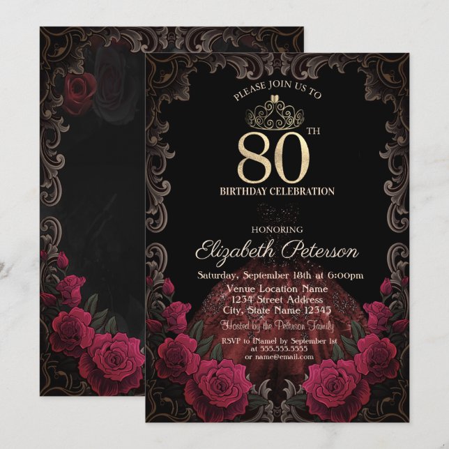  Dress,Tiara,Red Roses Gothic Frame 80th Birthday Einladung (Vorne/Hinten)