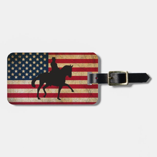 Dressage Pferd mit United Staaten Flag Patriotic Gepäckanhänger (Vorderseite horizontal)