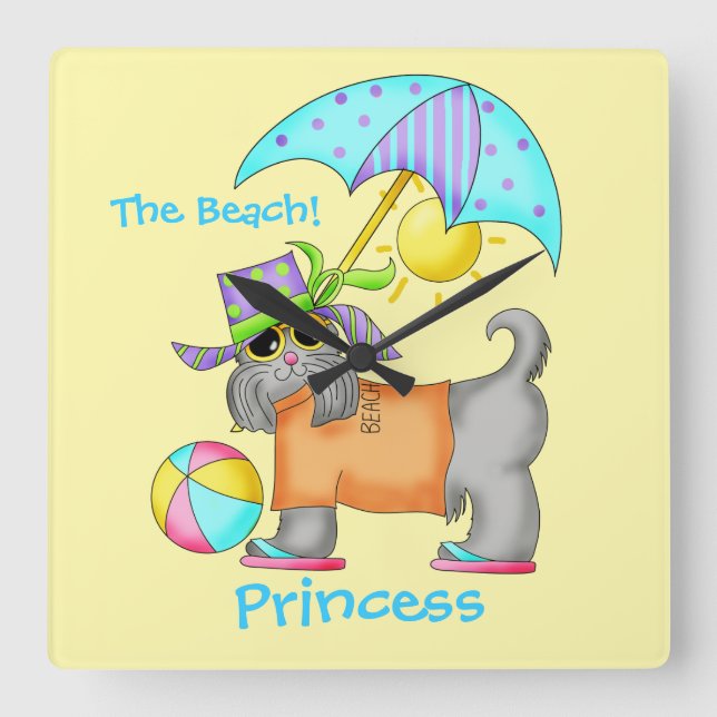 Dressed Beach Hund Personalisiert gelb Quadratische Wanduhr (Vorderseite)
