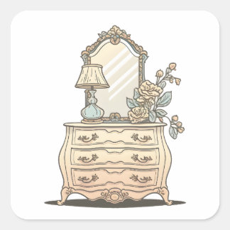 Dresser mit alter Lampe und Blume Quadratischer Aufkleber