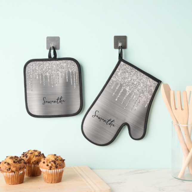 Driften Silver Glitzer Glam Name Ofenhandschuh & Topflappen-Set (Insitu (Hängend))