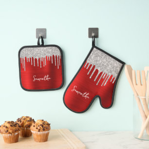 Driften Silver Glitzer Red Glam Name Ofenhandschuh & Topflappen-Set