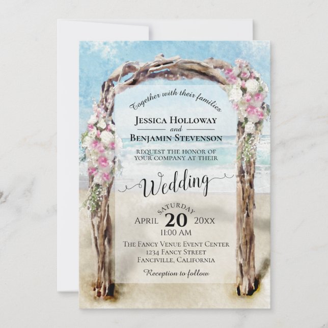 Driftwood Arch Pink & White Roses Beach Hochzeit Einladung (Vorderseite)