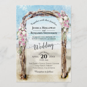 Driftwood Arch Pink & White Roses Beach Hochzeit Einladung