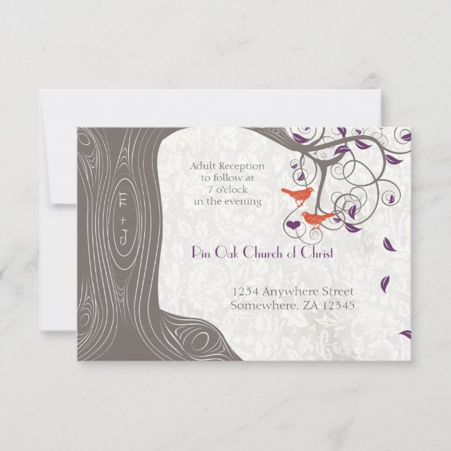 Driftwood Mandarine Birds Lila Leaf Hochzeit Einladung (Vorderseite)