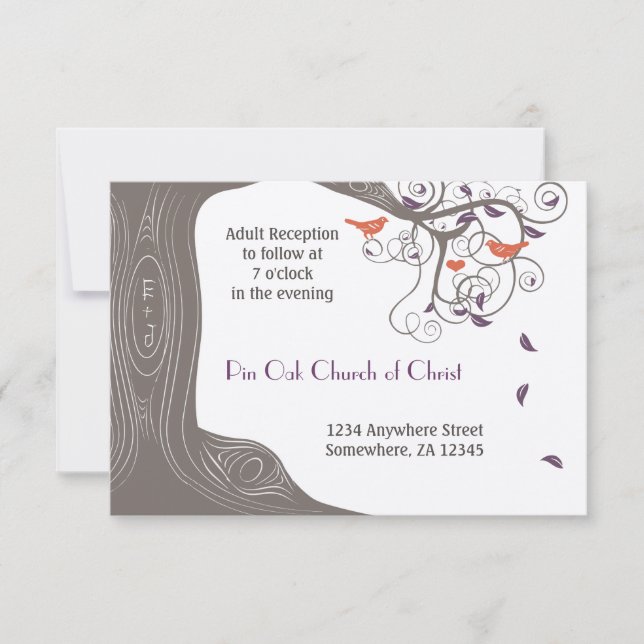 Driftwood Mandarine Birds Lila Leaf Hochzeit Einladung (Vorderseite)