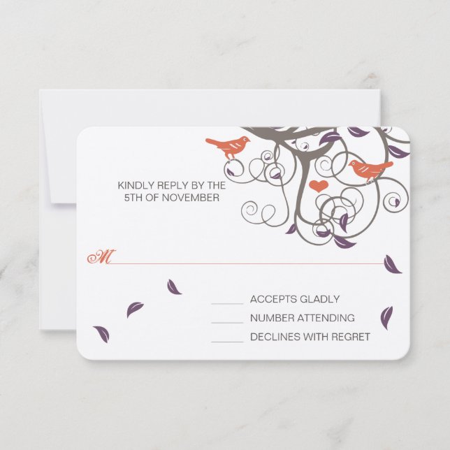 Driftwood Tree Swirl Love Birds Wedding RSVP (Vorderseite)