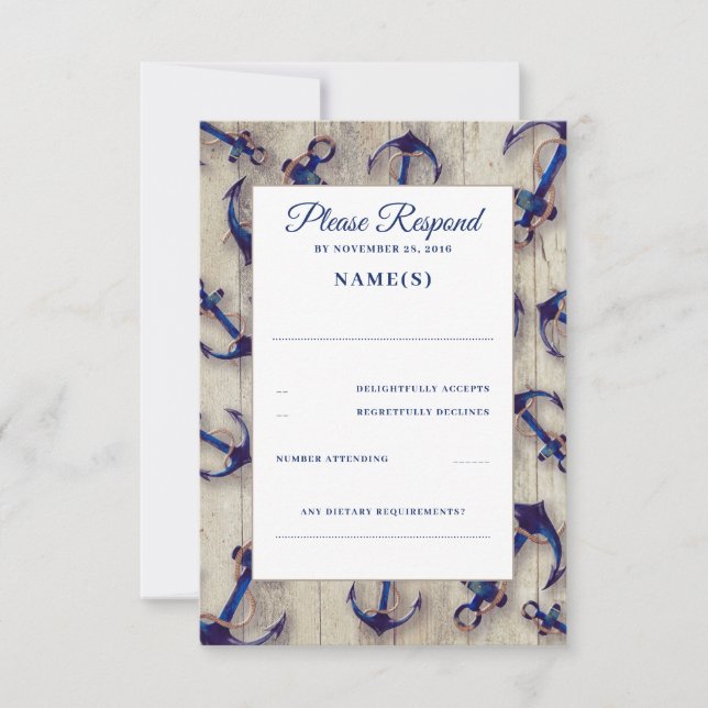 Driftwood und Navy Blue Anchors Wedding RSVP Cards Karte (Vorderseite)