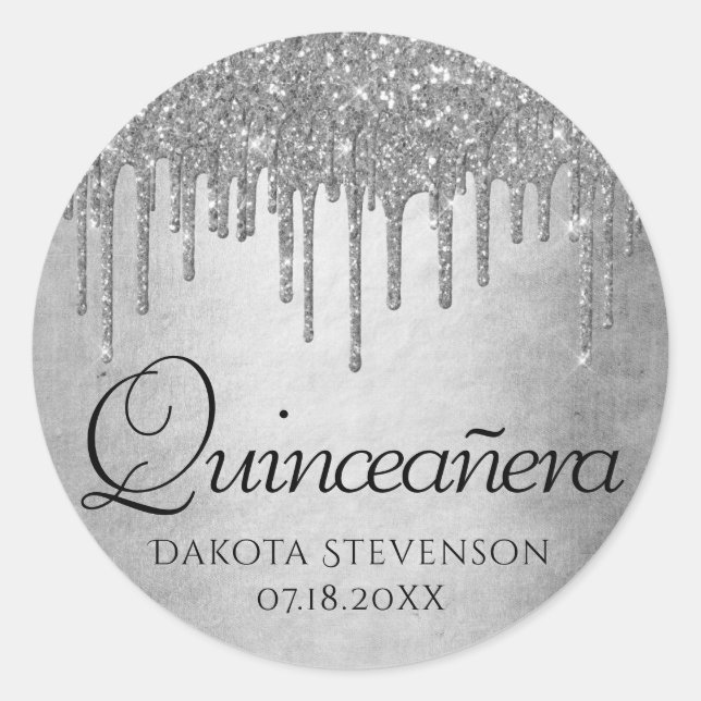 Drilling Silvery Glitzer | Platinum Quinceanera Runder Aufkleber (Vorderseite)