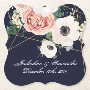 Drink Coasters Geometric Garden Rose Navy Blue Untersetzer