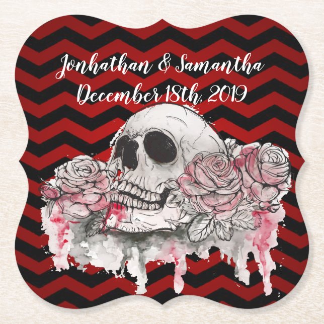Drink Coasters Schädel Rose Gothic Zickzack Rot Untersetzer (Vorderseite)