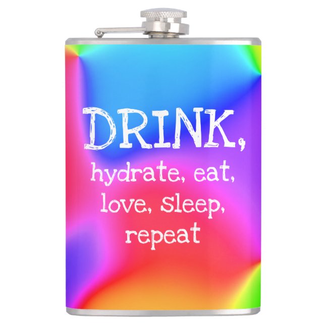 DRINK, Hydrat, Essen, Liebe, Schlaf, Wiederholungs Flachmann (Vorderseite)