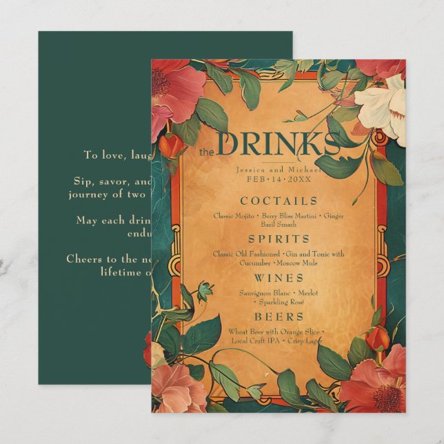💍 Drink Menü Rose Romance: Jugendstil-Splendor Menükarte (Vorne/Hinten)