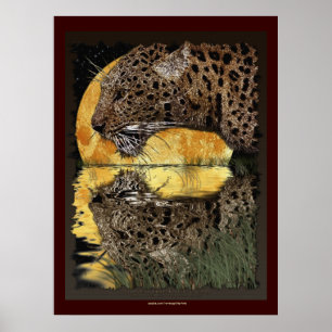 DRINKING LEOPARD at SUNSET Art Poster