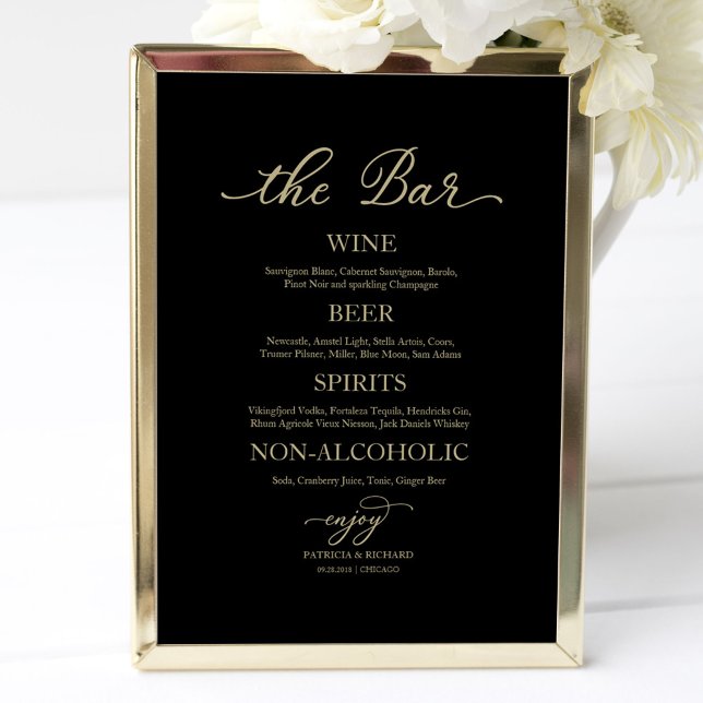 Drinks Bar Gold Calligraphy Black Wedding Sign Poster (Von Creator hochgeladen)