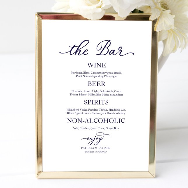 Drinks Bar Navy Blue Calligraphy Wedding Sign Poster (Von Creator hochgeladen)