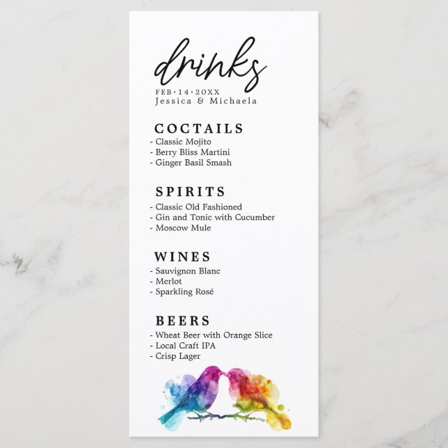 🌈 Drinks Karte Rainbow Lovebirds Collection (Vorderseite)