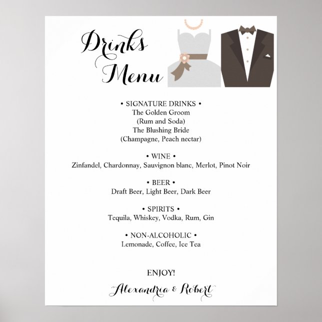 Drinks Menü Bride & Groom Bridal Wedding Poster (Vorne)