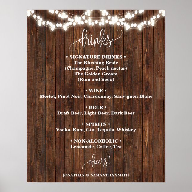 Drinks Menü Signatur Land Western Hochzeit Poster (Vorne)