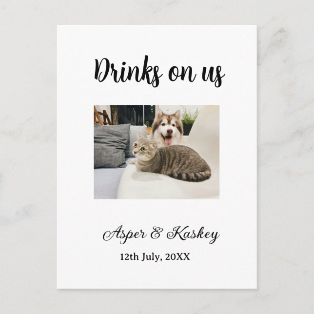 Drinks on us open bar pet photo wedding couple dat postkarte (Vorderseite)