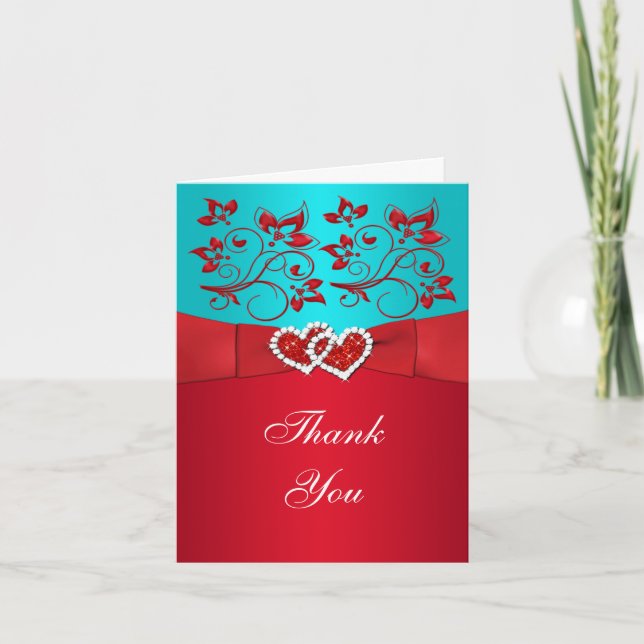 DRINTED RIBBON Aqua White Red Floral Vielen Dank Dankeskarte (Vorderseite)