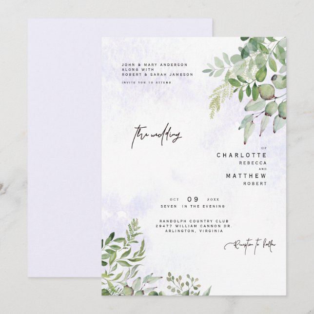 Dripping Foliage Dreamy Lavender Wedding Einladung (Vorne/Hinten)