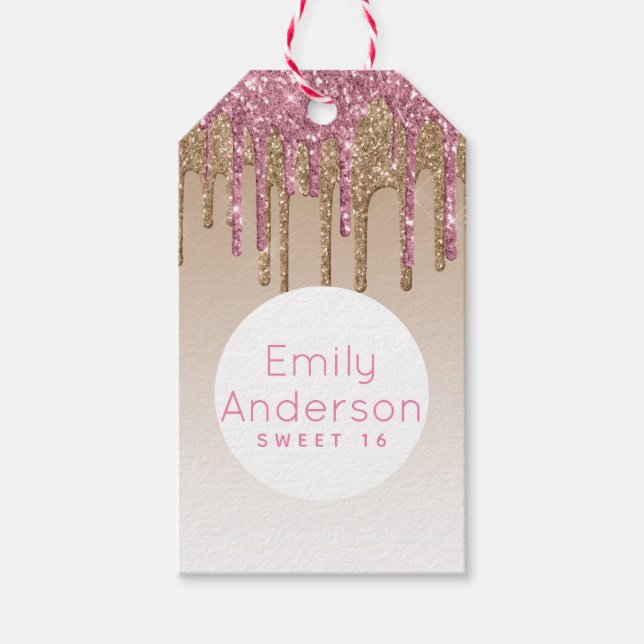 Dripping Glitzer Sweet16 Rose Gold Pink 16. Party Geschenkanhänger (Vorderseite)
