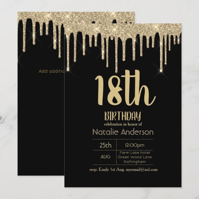 Dripping Glitzer Typografy 18. Girls Modern Einladung (Vorne/Hinten)