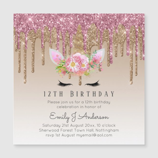 Dripping Glitzer UNICORN Rose Gold Pink 12. Magnetkarte (Vorderseite)