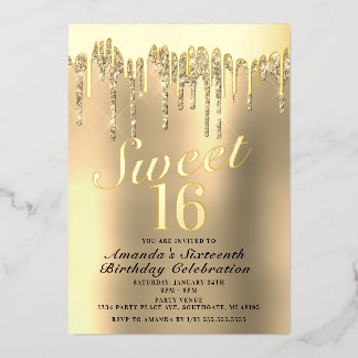 Dripping Gold Sweet 16 Birthday Real Folieneinladung