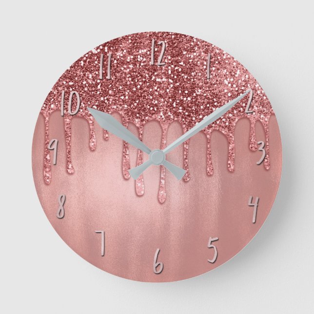 Dripping in Rose Gold Glitter Pretty Pink Drips Runde Wanduhr (Vorderseite)
