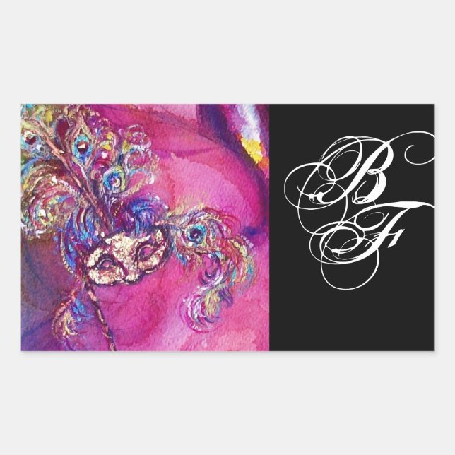 DRITTE MASK Masquerade Monogram Fuchsia Black Rechteckiger Aufkleber (Vorderseite)