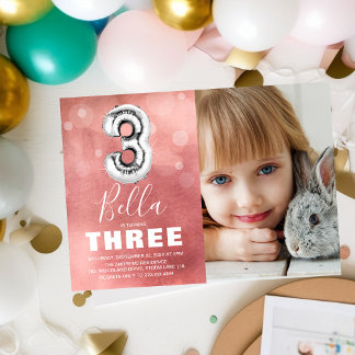 Dritter Geburtstag Silberballon | Rosa Foto Party Einladung