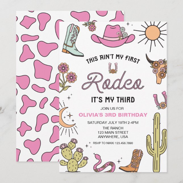 Dritter Rodeo Pink West 3. Geburtstag Einladung (Vorne/Hinten)